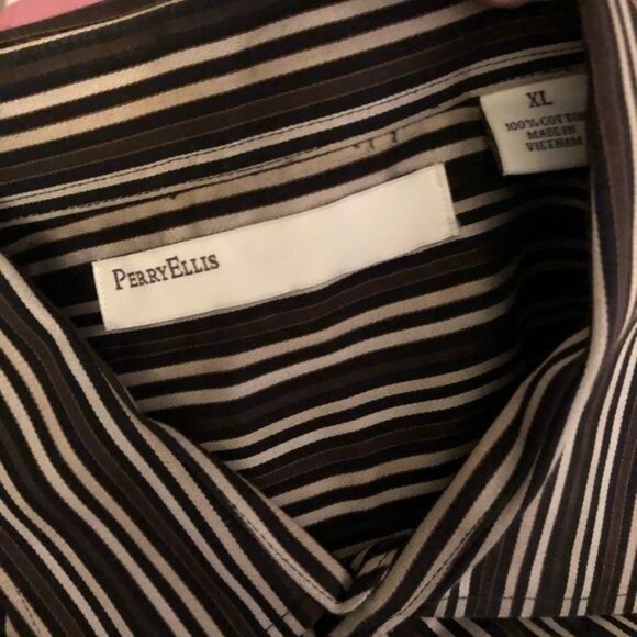 PERRY ELLIS-Brown Stripes 100% Cotton button front Mens Dress Shirt Size X-LARGE - Picture 3 of 6